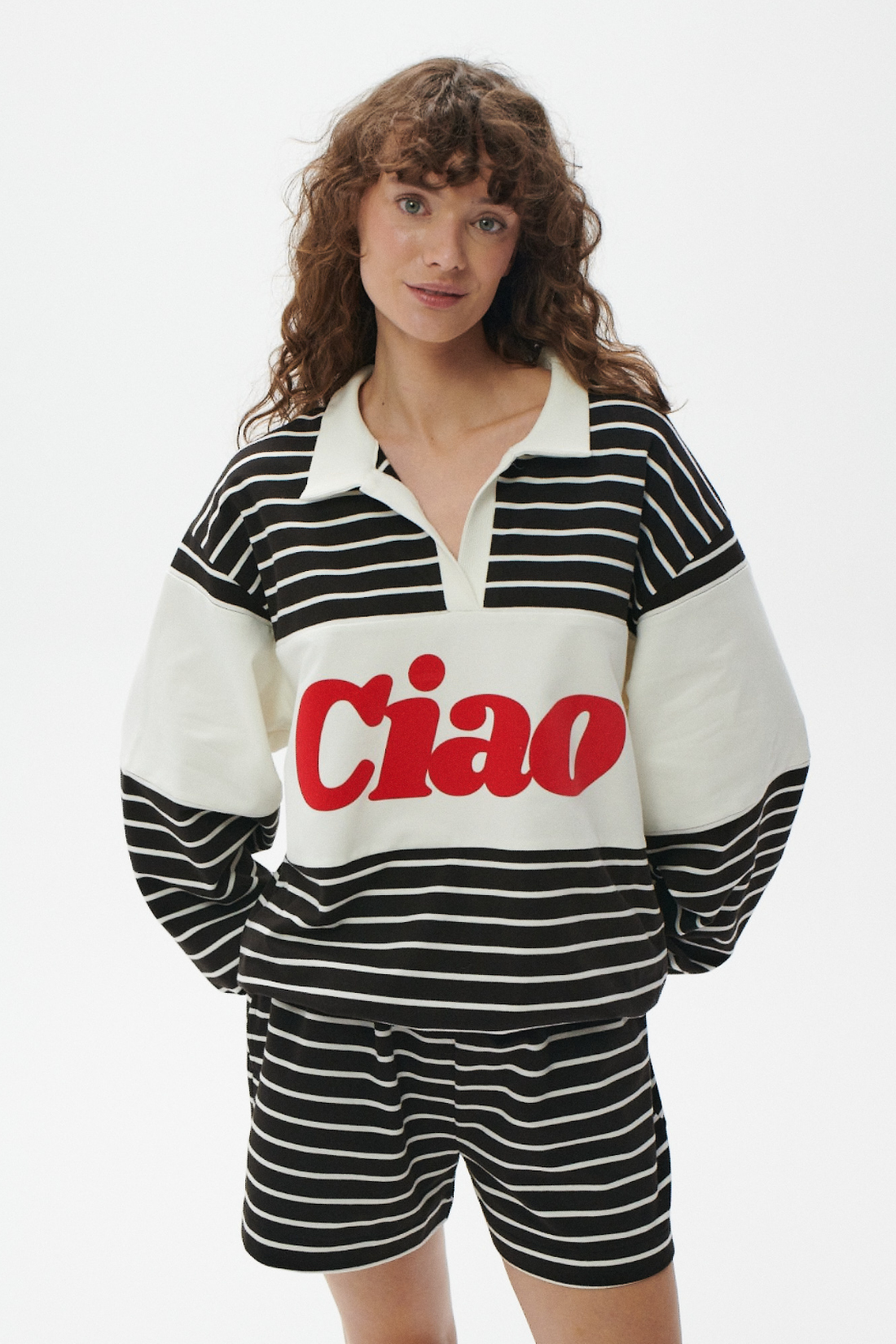 BLUZA DOLORES ECRU W CZARNE PASKI